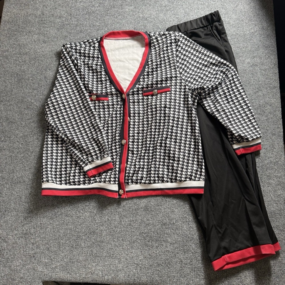 2 Piece Lounge Set Womens Houndstooth Cardigan & Wide Leg Pants Red Trimβ 3X